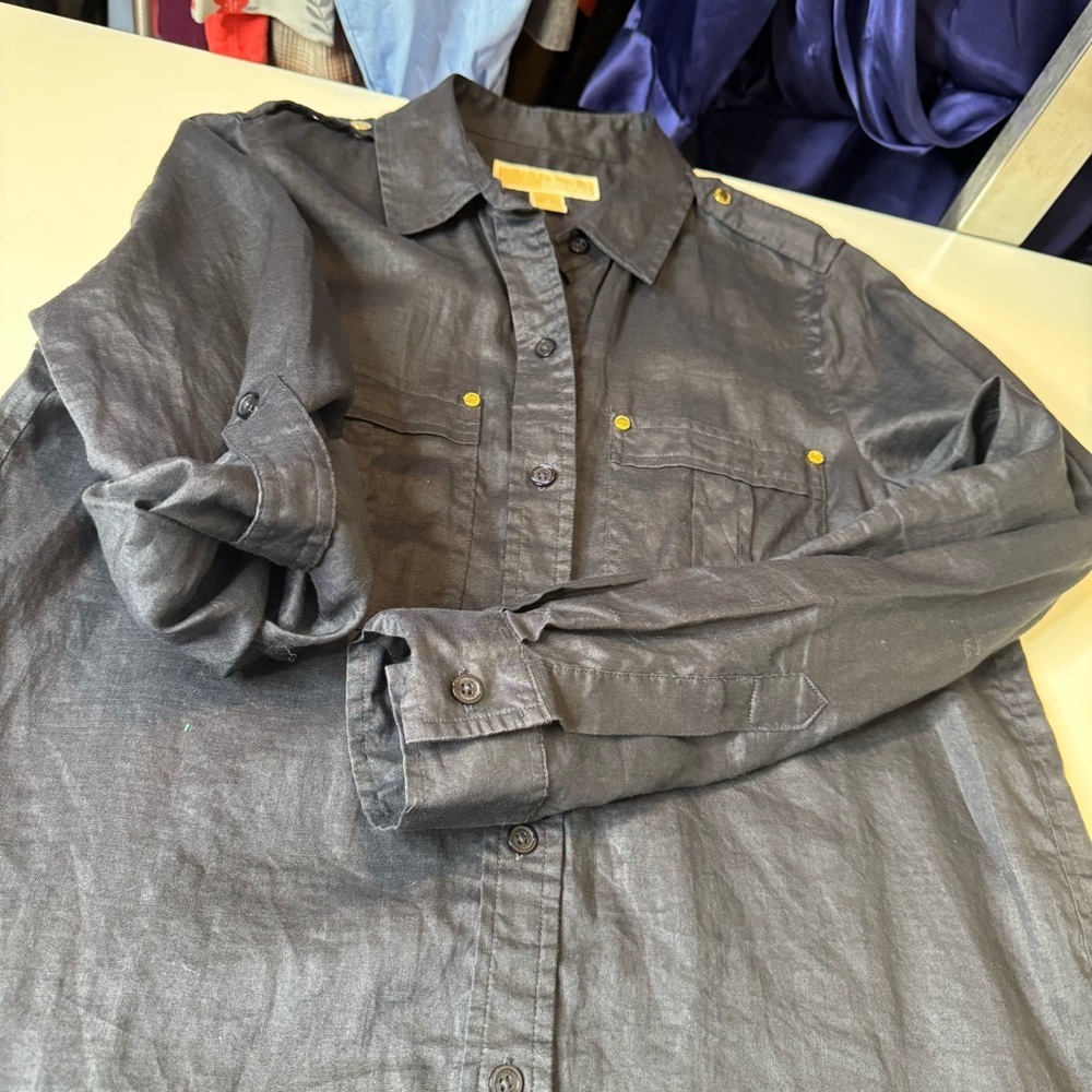 Michael Kors Navy Blue Ramie Button Down Shirt Gold Button Shoulder Size S - Picture 8 of 10